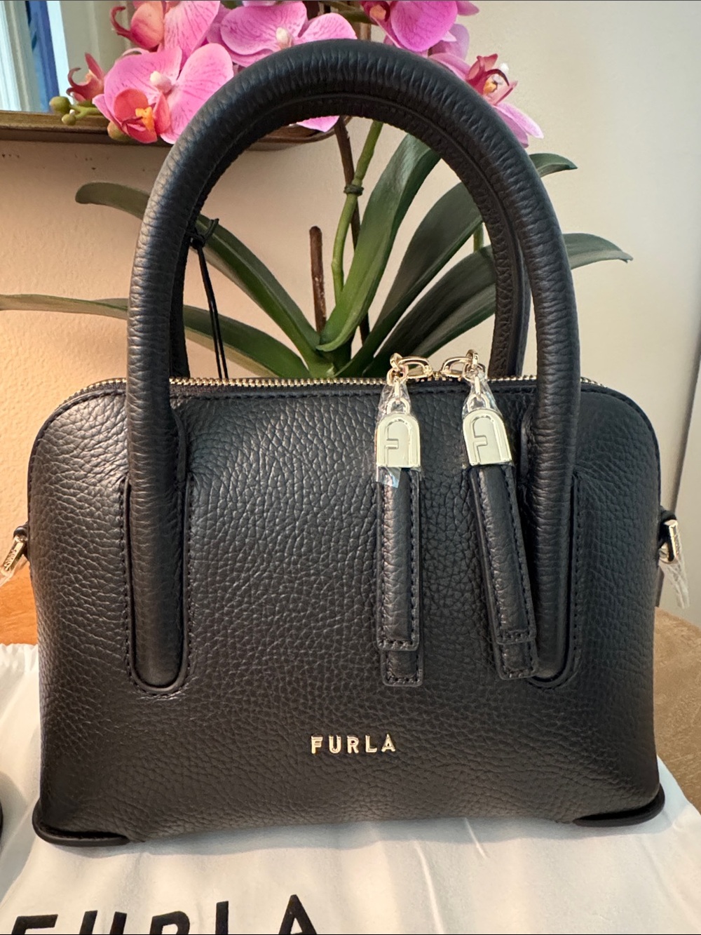 NWT Furla Black Pebble Leather Mini Tote With Matching Shoulder Strap